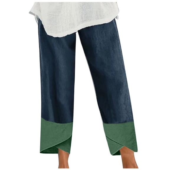 Maean Cotton Linen Pants for Women Casual Elastic Waist Pockets Color Blocking Frayed Hem Comfy Loose Trousers