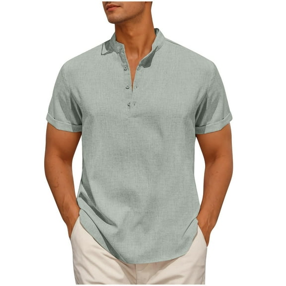 Maean Cotton Linen Shirts for Mens Short Sleeve Loose Summer Lightweight Crew Neck Buttons Tops