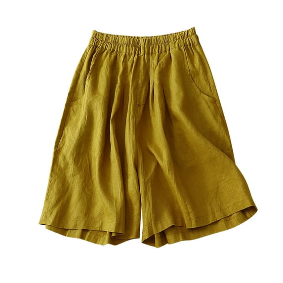 Maean Cotton Linen Shorts for Women Casual Elastic Waist Wide Leg Loose Solid Color Pants with Pockets