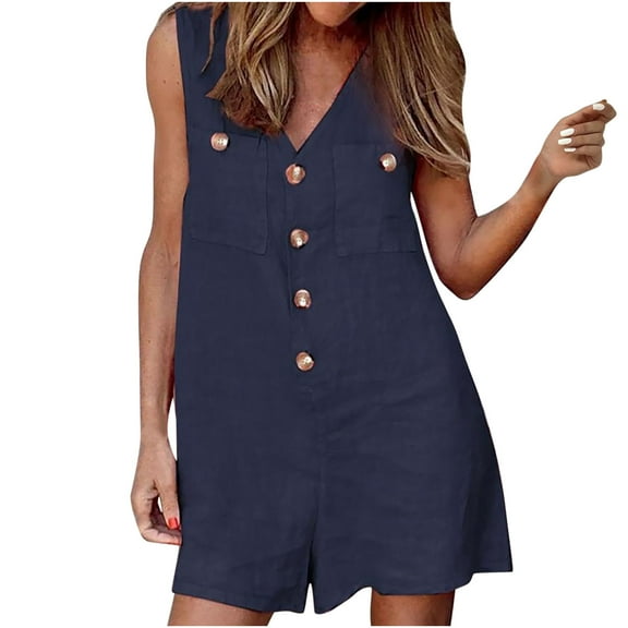 Maean Cotton Linen Sleeveless Jumpsuit for Women V Neck Casual Loose Rompers Summer Beach Tank Top Shorts