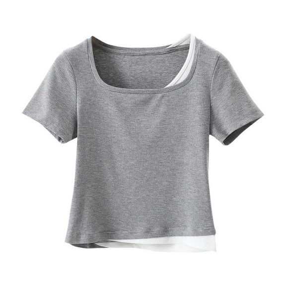 Maean Cotton Shirts for Womens Crop Tee Square Neck Short Sleeve Causal Tshirts Summer Slim Top