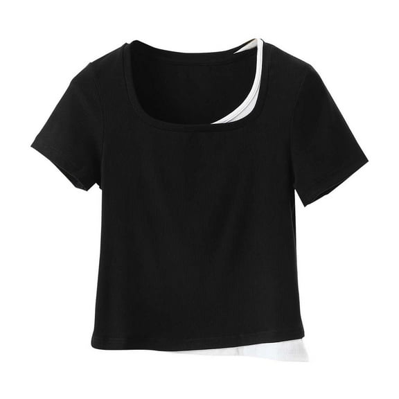Maean Cotton Shirts for Womens Crop Tee Square Neck Short Sleeve Causal Tshirts Summer Slim Top