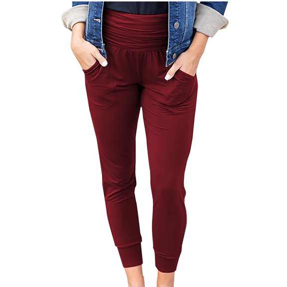 Maean Cropped Leggings for Women Summer Casual Elastic High Waist Slim Solid Color Capri Pants with Pockets