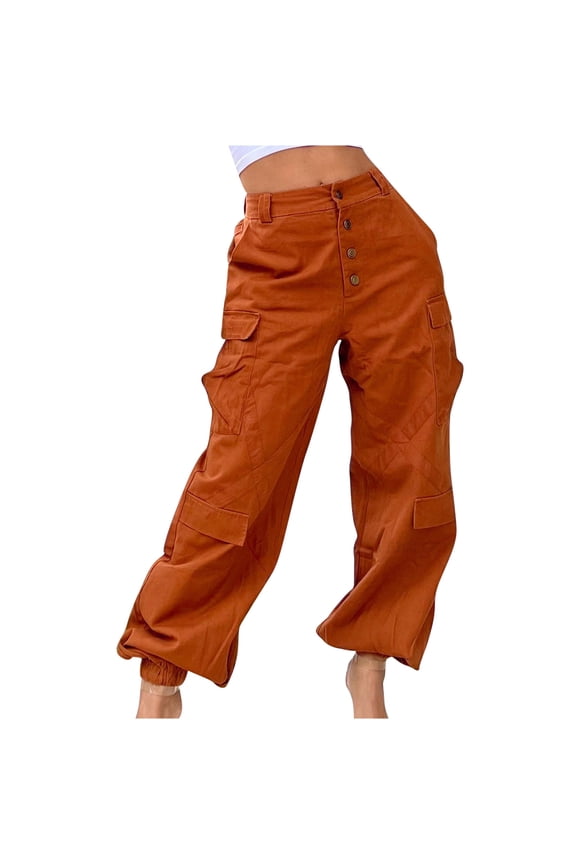 Cropped Wide Leg Pants for Women Elastic High Waist Casual Button Street Cargo Pockets Trousers
