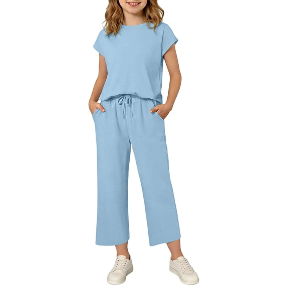 Maean Girl's 2 Piece Set Cap Short Sleeve Tops and Wide Leg Pants Sweatpant with Pockets Summer Outfits