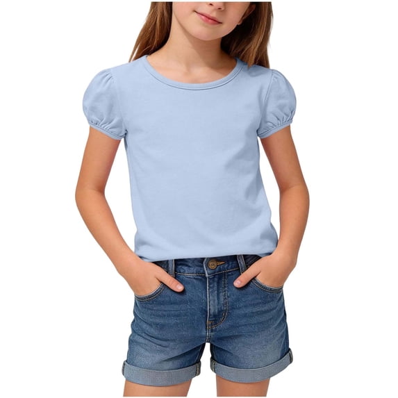 Maean Girls Basic Shirts Puff Sleeve Summer Top Casual Loose Crew Neck Solid Color Lightweight Tees Tops