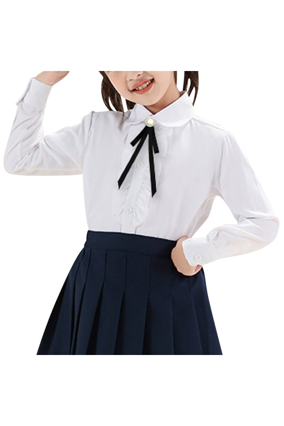 Girls Blouse Cotton Long Sleeve Button down Uniform Dressy Shirts Collared Tops for School