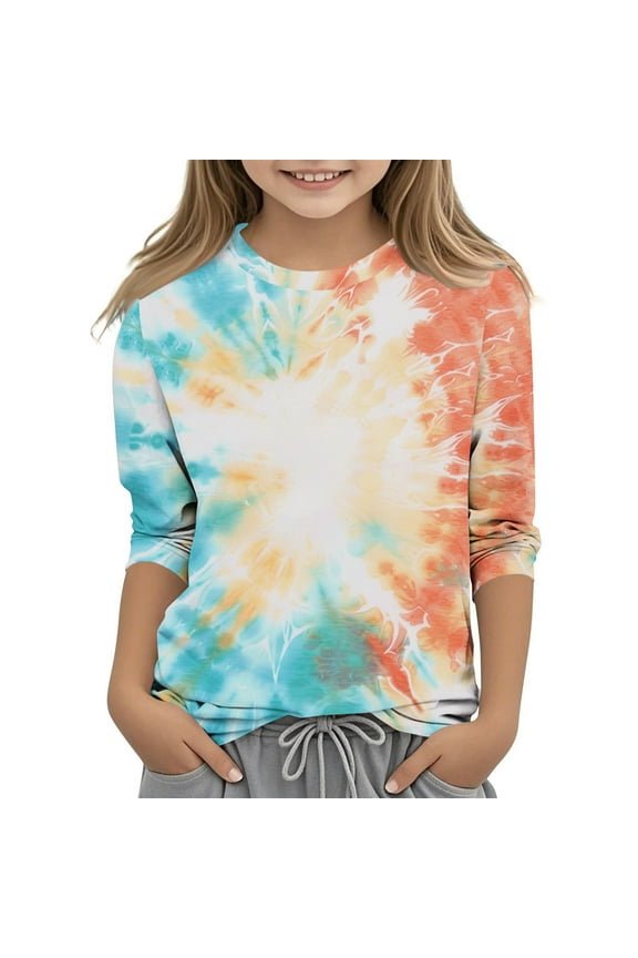 Girls Blouse Shirts 3/4 Sleeve Round Neck Tie Dye Graphic Fashion Toddler Kids Tshirts Tops