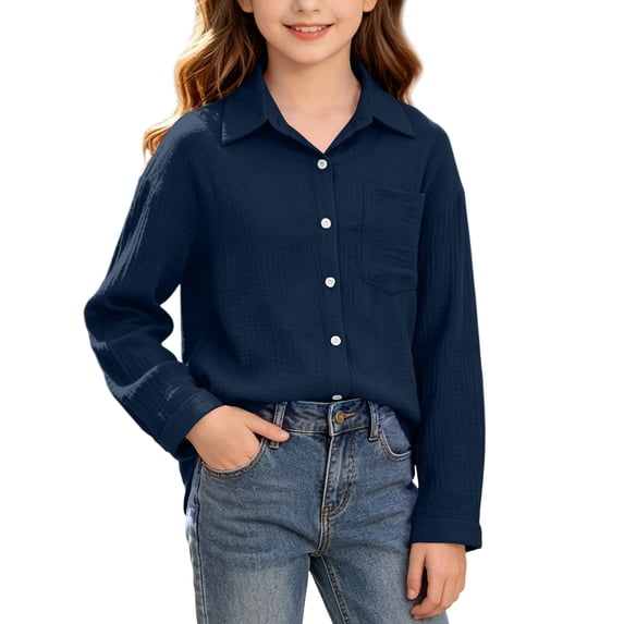 Maean Girls Button down Shirts with Pockets Solid Color Long Sleeve Casual Loose Fall Fashion Shirt