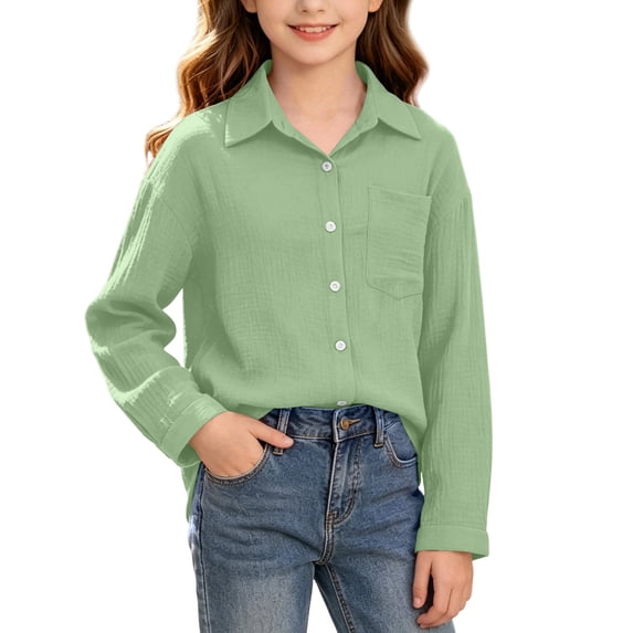 Maean Girls Button down Shirts with Pockets Solid Color Long Sleeve Casual Loose Fall Fashion Shirt