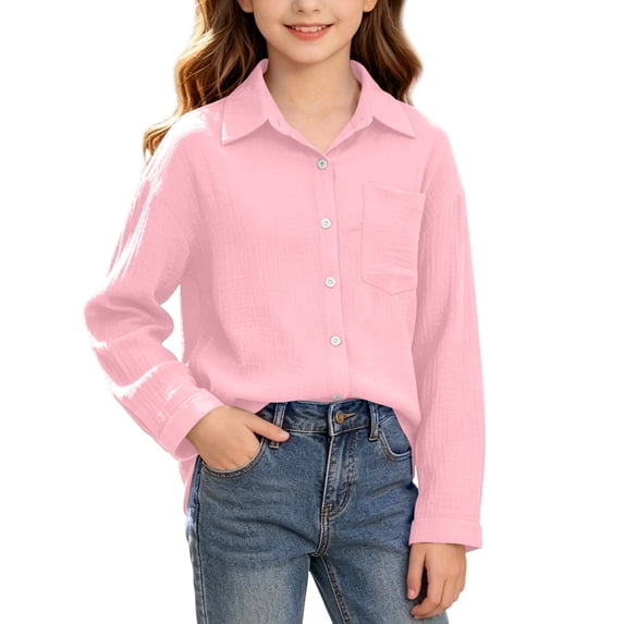 Maean Girls Button down Shirts with Pockets Solid Color Long Sleeve Casual Loose Fall Fashion Shirt