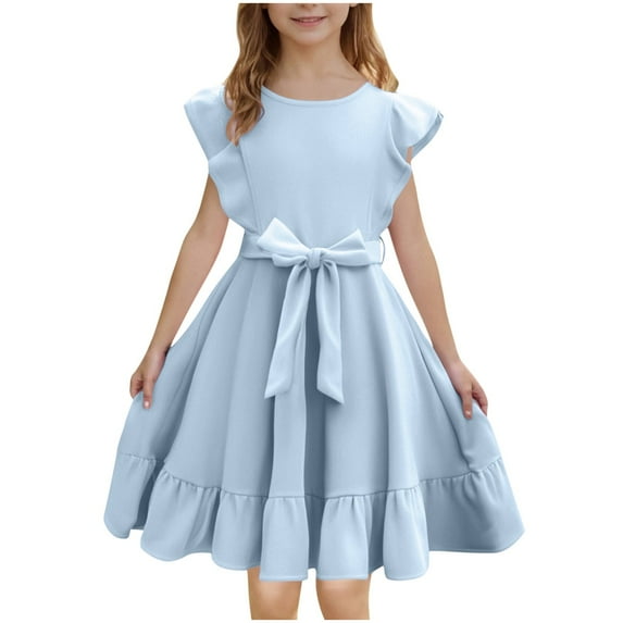 Maean Girls Dresses Ruffle Sleeve Dress A Line Flowy Pleated Tiered Casual Solid Color Party Dress 3-14 Years