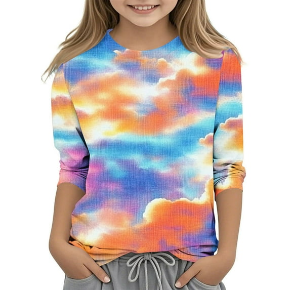 Maean Girls Kids Blouse 3/4 Sleeve Crewneck Summer Tshirts Girl Causal Tie Dye Graphic Shirts Tops