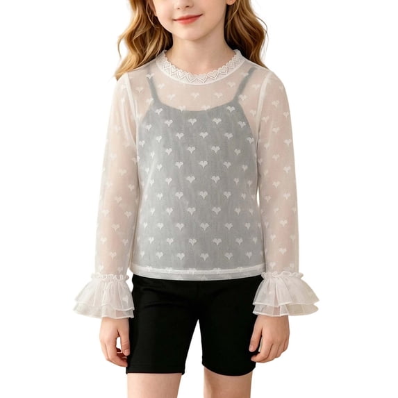 Maean Girls Long Sleeve Shirt Lightweight Pullover Shirts Cute Crew Neck Top Summer Fall Blouses