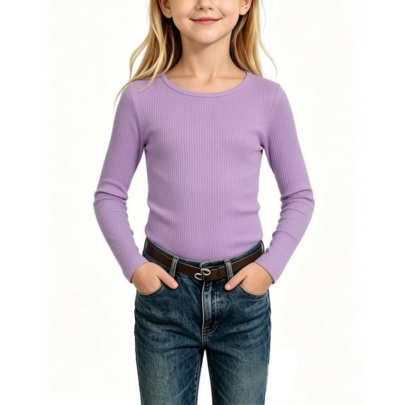 Maean Girls Long Sleeve Shirts Crewneck Ribbed Casual Stretchy Tops Tees Undershirts for Kids Toddler