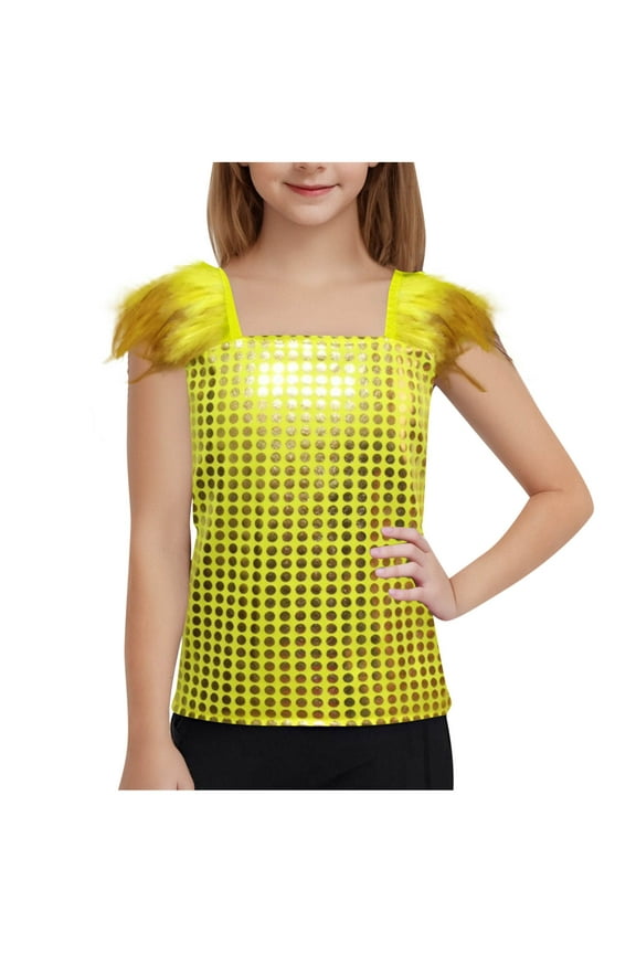 Girls Sequin Top Ruffle Sleeve Sparkly Shirts Summe Fashion Dancewear Clothes for Kids 4-14 Years
