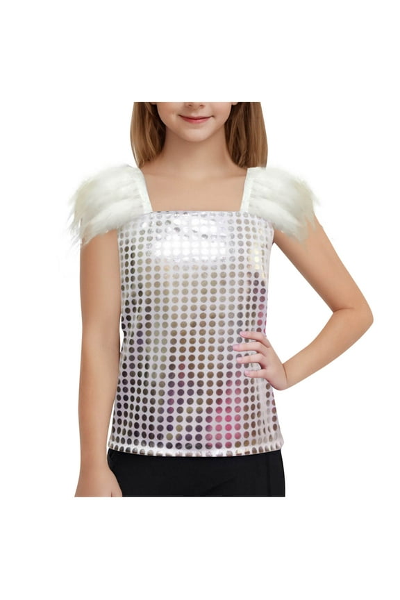 Girls Sequin Top Ruffle Sleeve Sparkly Shirts Summe Fashion Dancewear Clothes for Kids 4-14 Years
