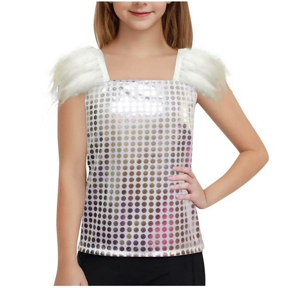 Maean Girls Sequin Top Ruffle Sleeve Sparkly Shirts Summe Fashion Dancewear Clothes for Kids 4-14 Years