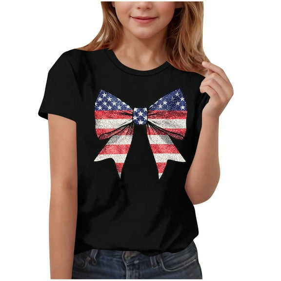 Maean Girls Shirts Independence Day Printed Short Sleeve Crew Neck Cute Bow Graphic Tshirts 3-15 Years