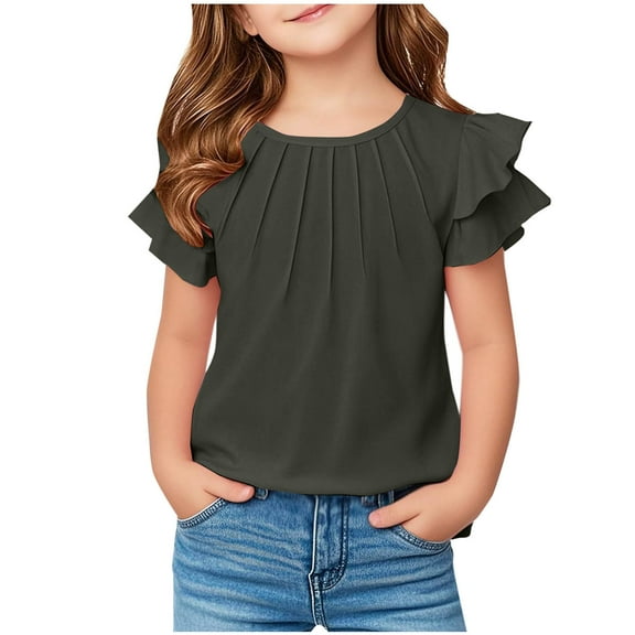 Maean Girls Shirts Ruffle Short Sleeve Cute Blouses Top Summer Loose Crew Neck Tshirts 5-13 Years