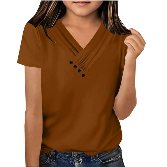 Maean Girls Short Sleeve Shirts V Neck Summer T Shirts Causal Plain Kids Girl Tops for 6-13 Years