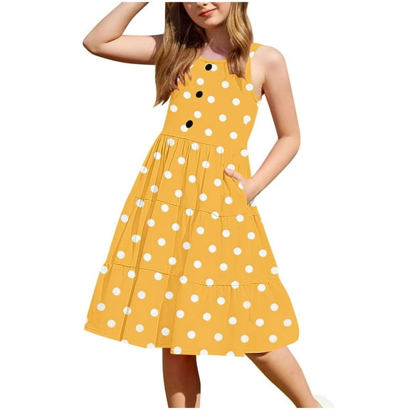 Maean Girls Sleeveless Dress Polka Dot Printed Summer Flowy Sundress Kids Crew Neck Dresses with Pockets