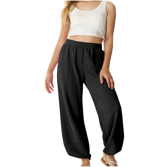 Maean Girls Straight Leg Pants Elastic High Waist Loose Casual Trousers Pant with Pockets for Kids 3-13 Years