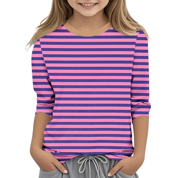 Maean Girls Striped Shirts 3/4 Sleeve Round Neck Causal Pullover Kids Girl Trendy Tshirts Tops