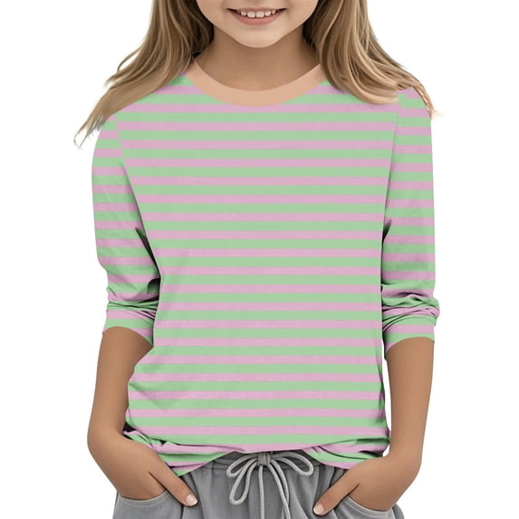 Maean Girls Striped Shirts 3/4 Sleeve Round Neck Causal Pullover Kids Girl Trendy Tshirts Tops