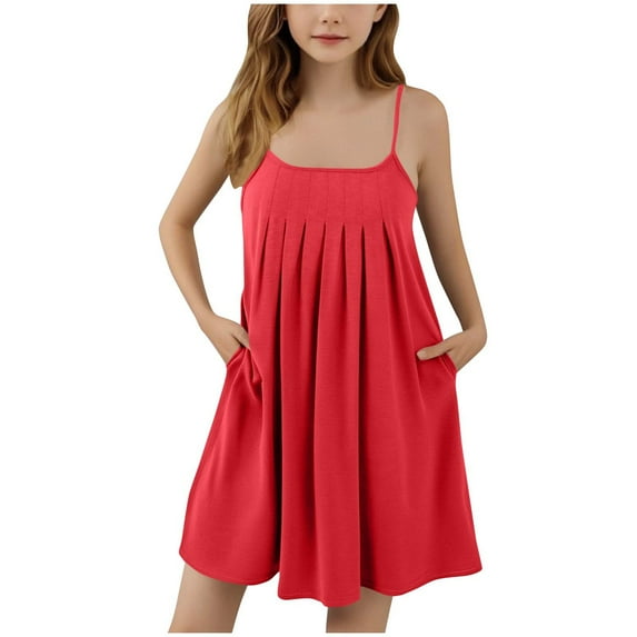 Maean Girls Summer Dress Spaghetti Strap Sleeveless Pleated Sundress Loose Short Dresses with Pockets