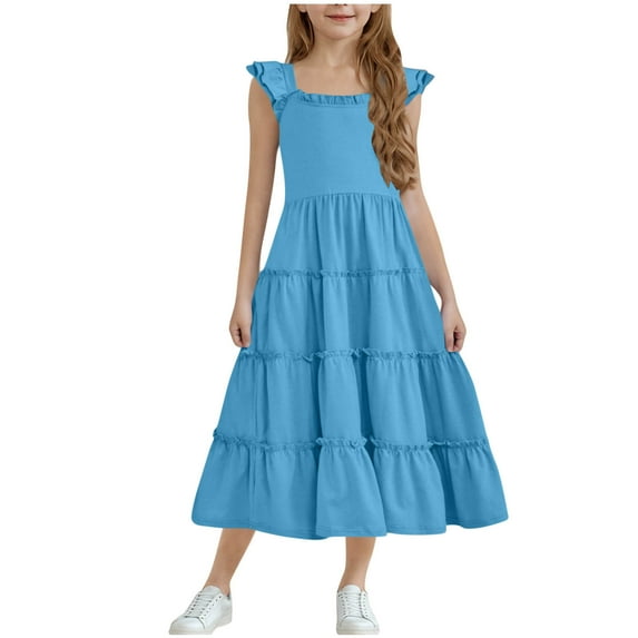 Maean Girls Summer Dress Tiered Flowy Ruffle Sleeve Flowy Sundress Kids Summer Maxi Dresses 3-13T