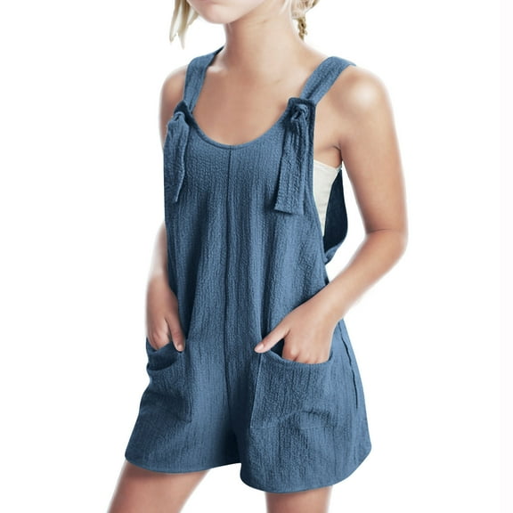 Maean Girls Summer Jumpsuit Adjustable Strap Sleeveless Causal Summer Shorts with Pockets 5-14 Years