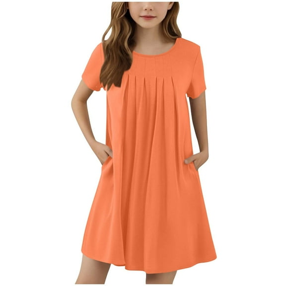 Maean Girls Summer Short Sleeve Dress A Line Basic Solid Color Loose Short Dresses with Pockets