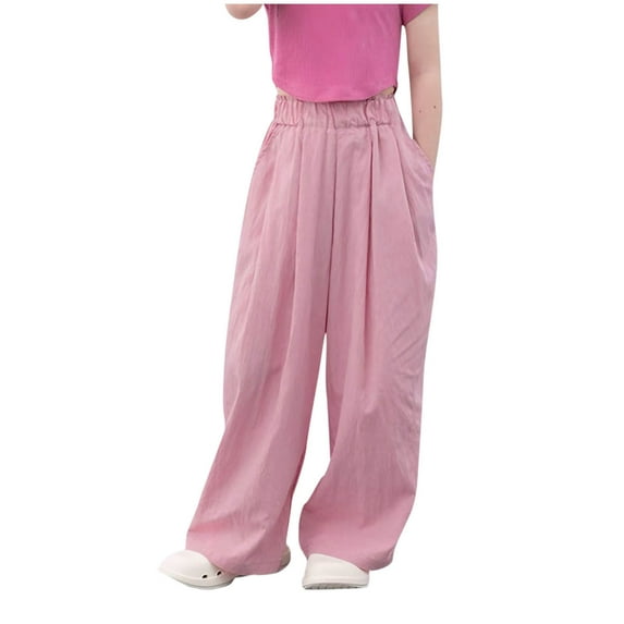 Maean Girls Summer Silky Pant Wide Leg Flowy Palazzo Pants Elastic High Waist Long Pant with Pockets