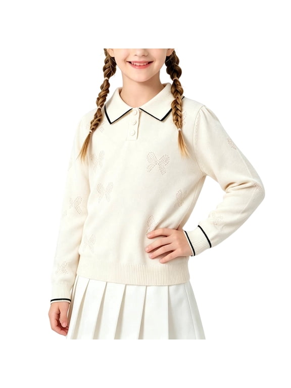 Girls Sweater Collared Pullover Soft Knit Tops Casual Long Sleeve Loose Plain Sweaters