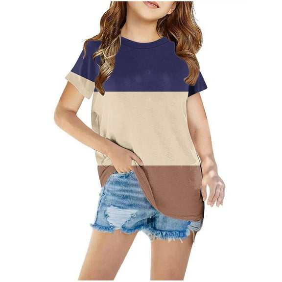Maean Girls Tshirts Short Sleeve Crewneck Color Block Pullover Shirts Summer Causal Loose Kids Tops