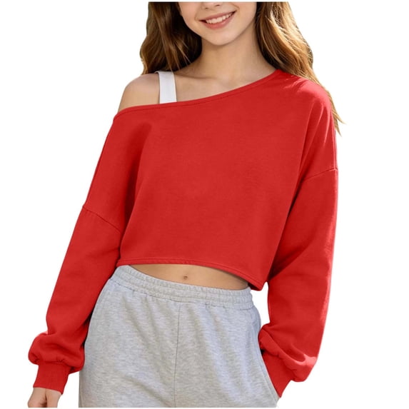 Maean Girls off the Shoulder Sweatshirt Long Sleeve Crop Tops Solid Color Fall Pullover Clothes for Kids