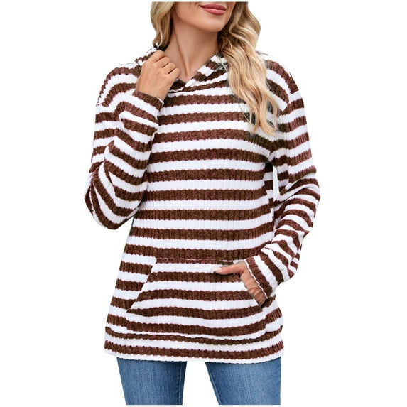 Maean Hoodie for Womens Striped Sweaters Long Sleeve Pullover Hooded Knitted Top Fall Fashion Sweatshirt with Pockets