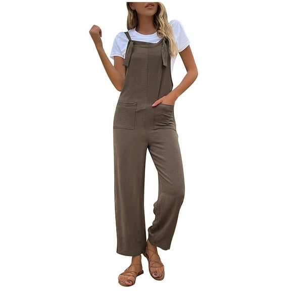 Maean Jumpsuits for Women Casual Loose Sleeveless Tied Straps Wide Leg Long Pants Rompers Overalls with Pockets
