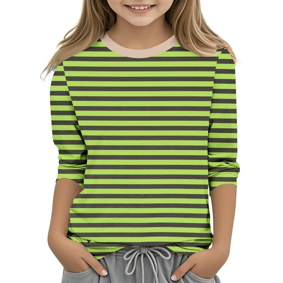 Maean Kids Girls 3/4 Sleeve Cotton Shirts Striped Printed Round Neck Causal Pullover Tshirts Tops