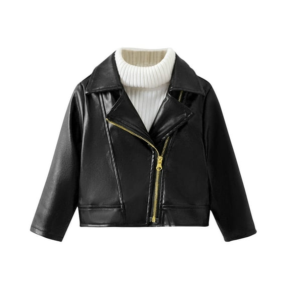Maean Kids Girl Leather Jackets Zipper Flap Collar Windproof Warm Winter Long Sleeve Solid Color Jacket