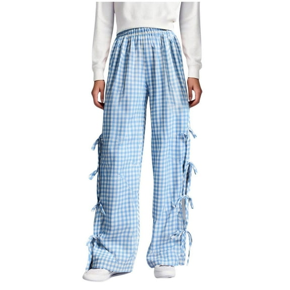 Maean Kids Girls Plaid Pant Elastic High Waist Baggy Lounge Pants Cute Bow Wide Leg Trousers 5-14T