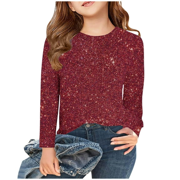 Maean Kids Girls Shirt Long Sleeve Crewneck Sequin Printed Causal Tunic Shirts Tops Solid Color Blouse