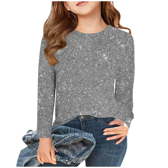 Maean Kids Girls Shirt Long Sleeve Crewneck Sequin Printed Causal Tunic Shirts Tops Solid Color Blouse