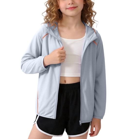 Maean Kids Sun Protection Jackets for Girls Summer Lightweight Hooded Zip up Jacket Coat Hiking Athletic Jacket