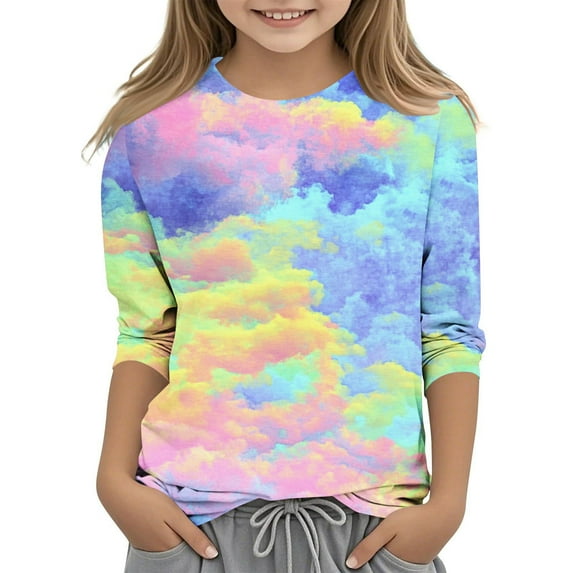 Maean Kids Tshirts Girls Boys 3/4 Sleeve Crewneck Tshirt for 3-16 Years Summer Tie Dye Tee Shirts