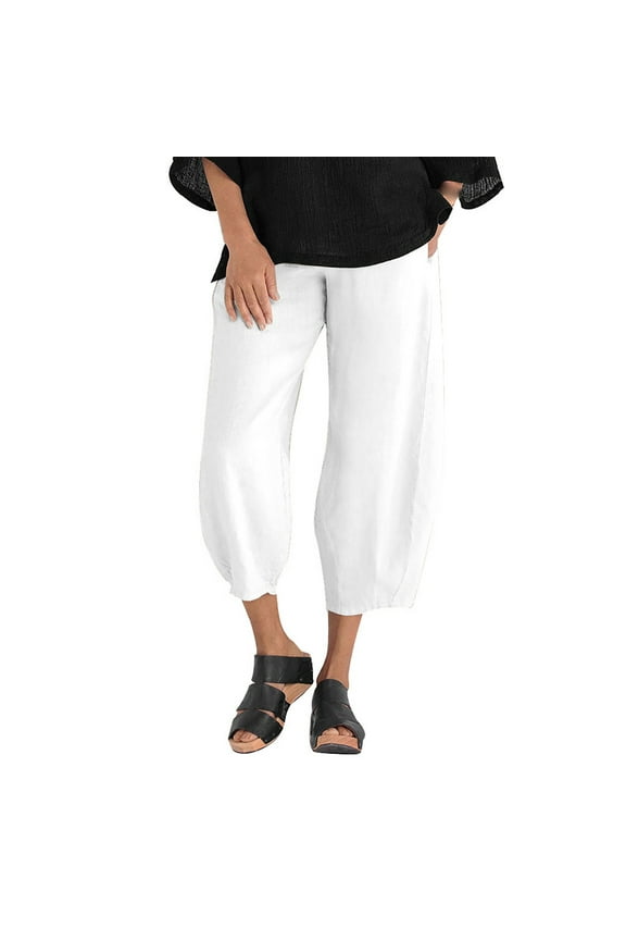 Light Weight Pants for Women Summer Casual Cotton Linen Elastic Waist Wide Leg Loose Pockets Trousers