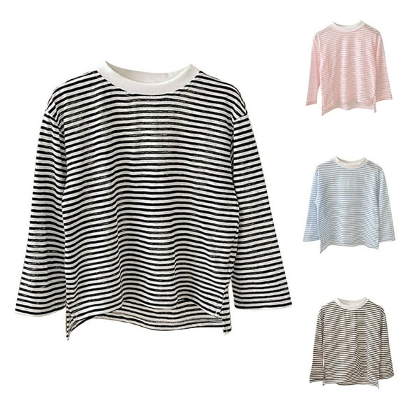 Maean Little Boys Girls Striped Top Cotton Basic Crew Neck Long Sleeve Pullover Shirts for Toddler Kids