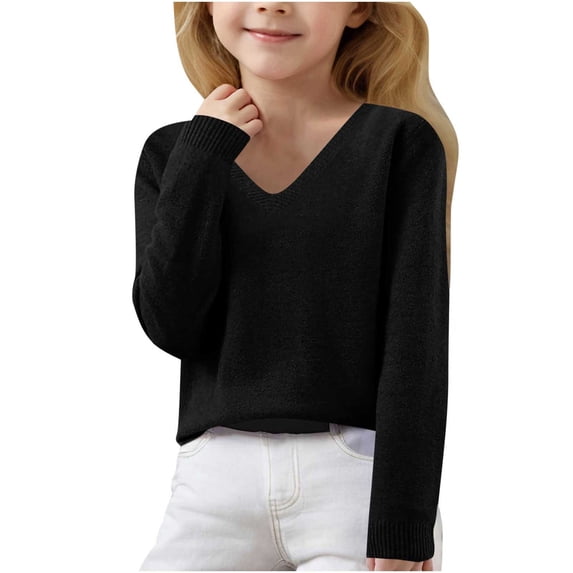 Maean Little Girls Basic Sweaters Lightweight Knit V Neck Long Sleeve Plain Sweater Tops 6-15T