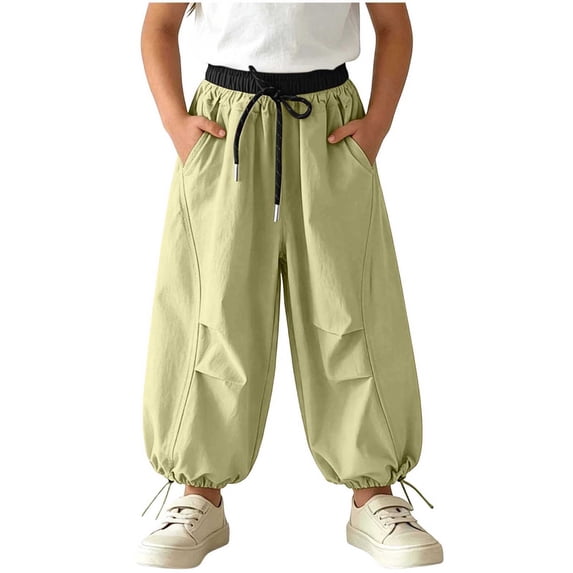 Maean Little Girls Cargo Pants Elastic Waist Drawstring Wide Leg Baggy Jogger Pants with Pockets